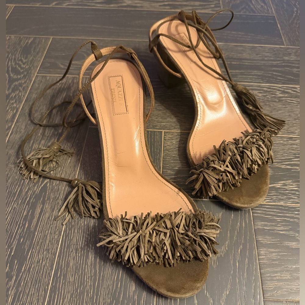 Aquazzura Dark Tan/Brown Lace Up Suede Sandals with Fringe - 39/9